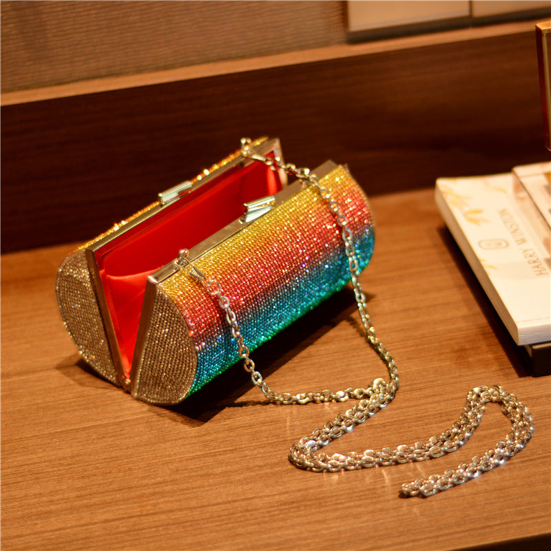 Rainbow Gradient Luxury Rhinestone Bling Party Clutch Evening Bag With Shoulder Chain