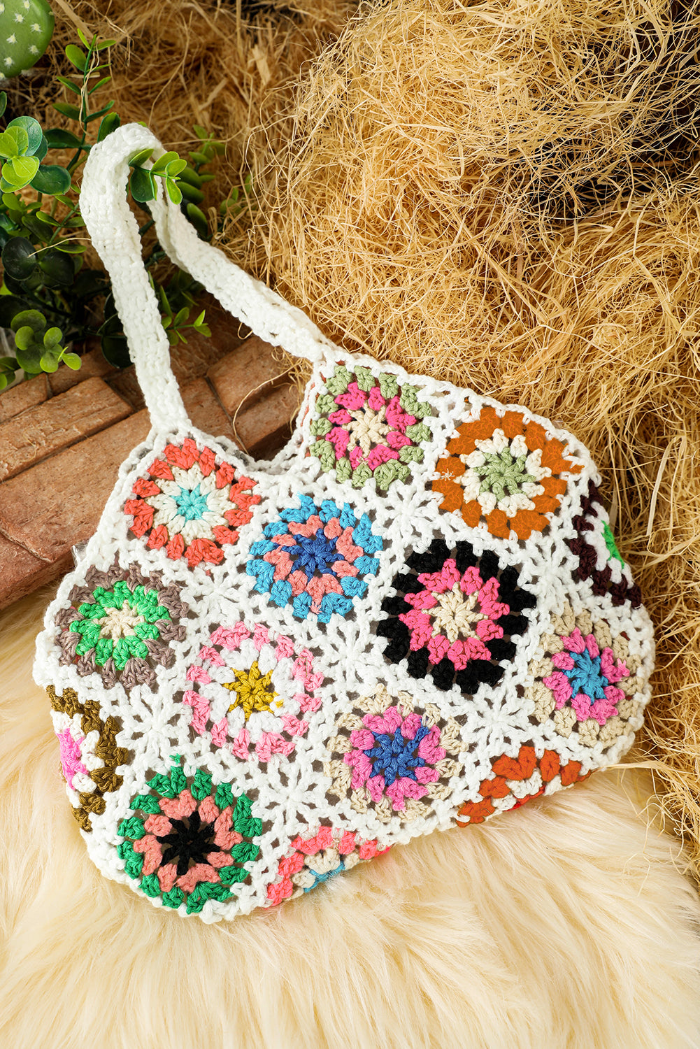 White Boho Floral Crochet Retro Quilt Knit Handbag