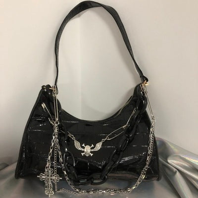 Skull Chain Underarm Bag Crocodile Print Style Dark Shoulder Bag