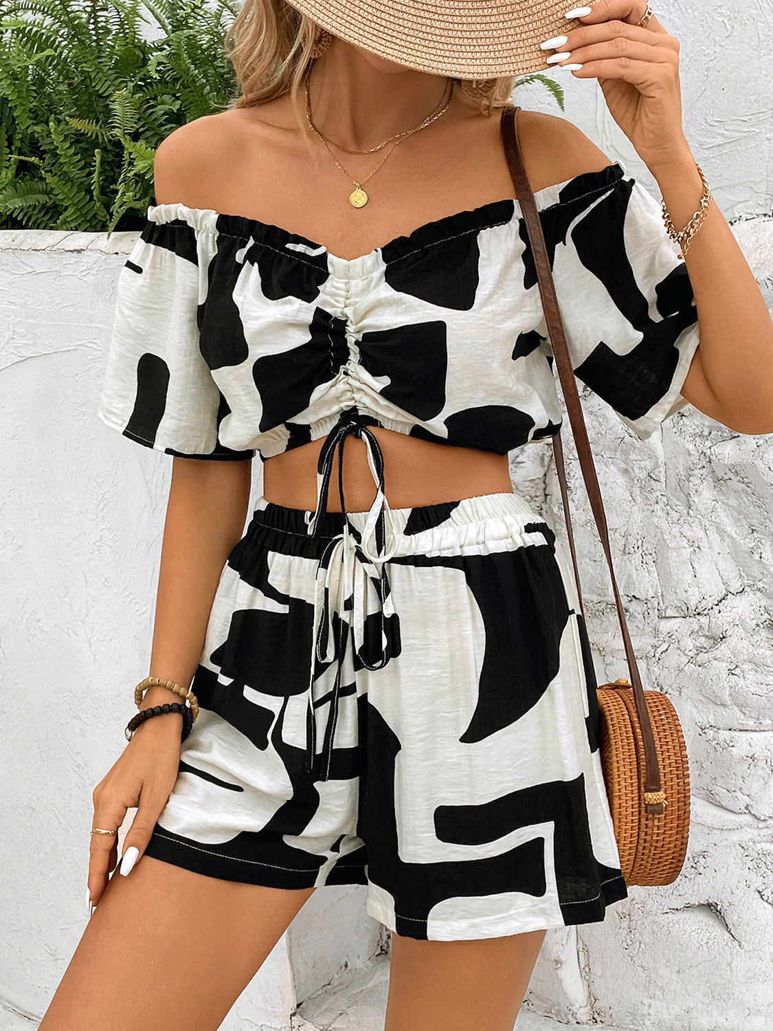 Drawstring Off-Shoulder Top and Shorts Set