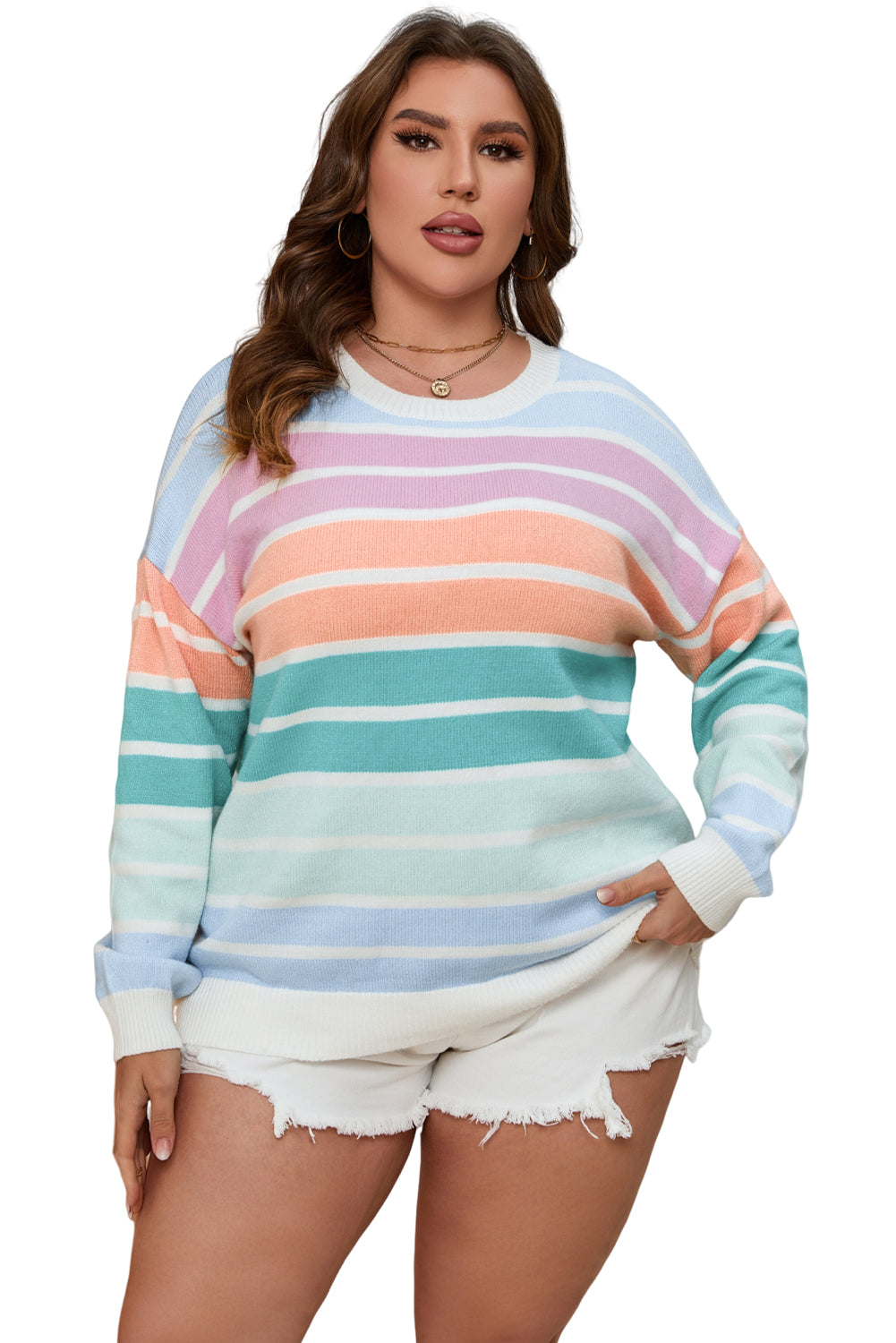 Multicolor Striped Crewneck Plus Size Sweater