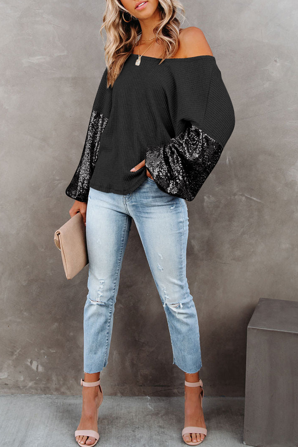 Black Cross Backless Sequin Bishop Sleeve Top