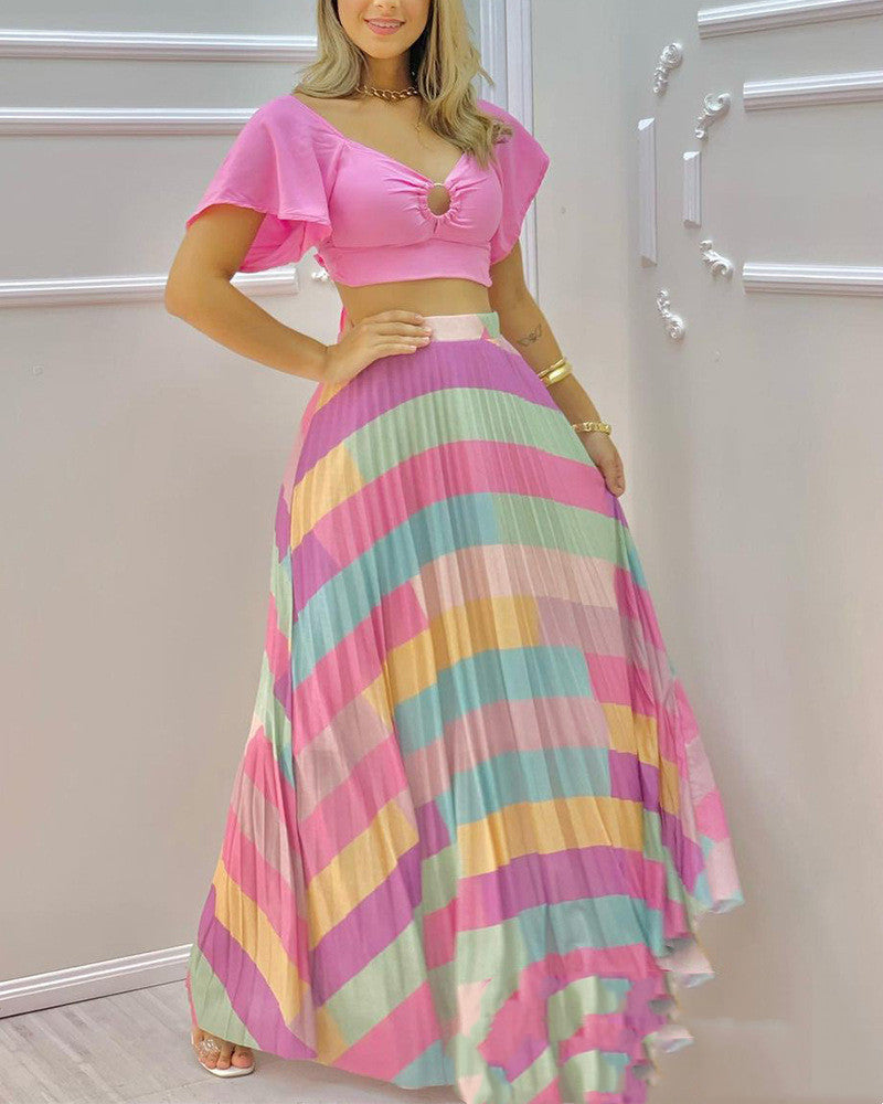 Women's Pink Sweetheart Crop Top and Colorful Pastel Striped Maxi Skirt Two Piece Set