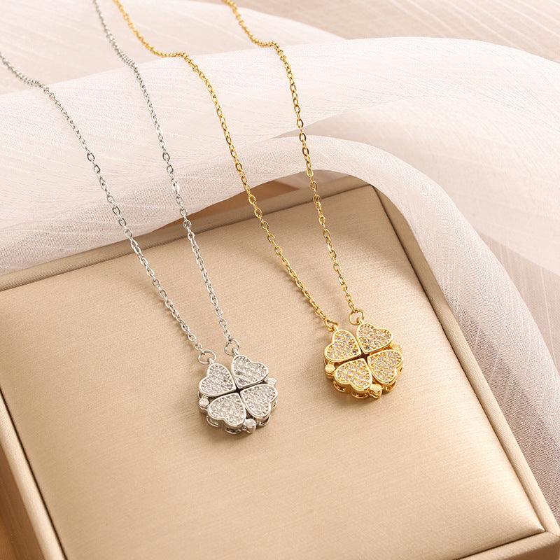 Noble and fashionable heart-to-heart four-leaf clover inlaid with zircon, a two-wear design simple style necklace