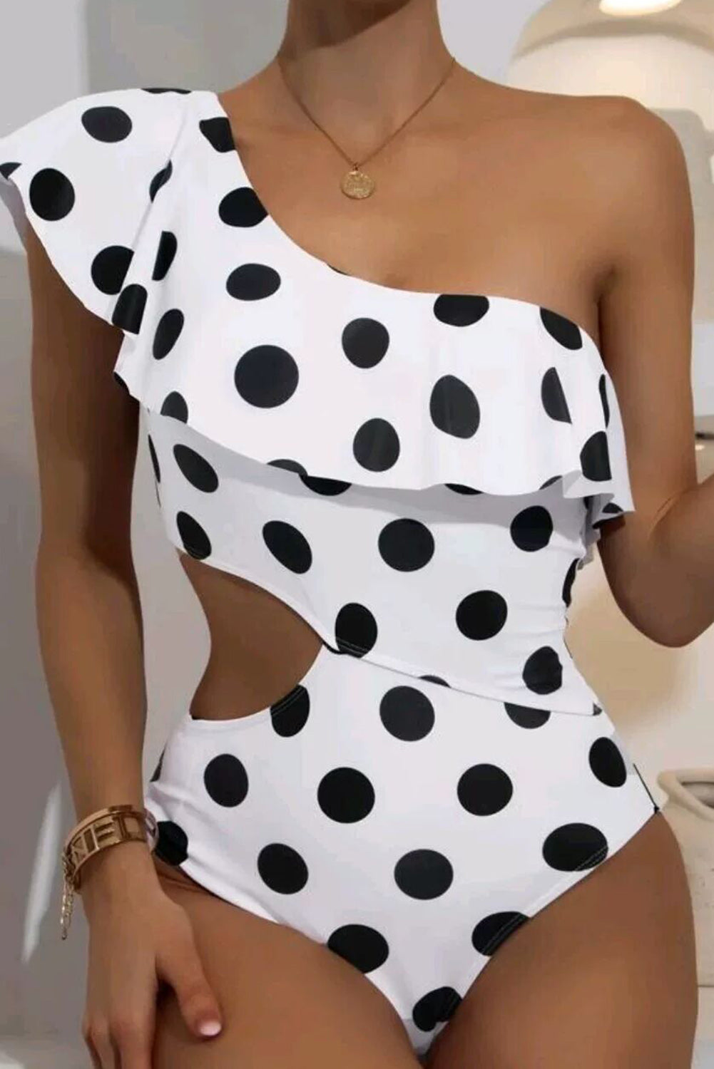 White Polka Dot Ruffled One Shoulder One Piece Swimwear