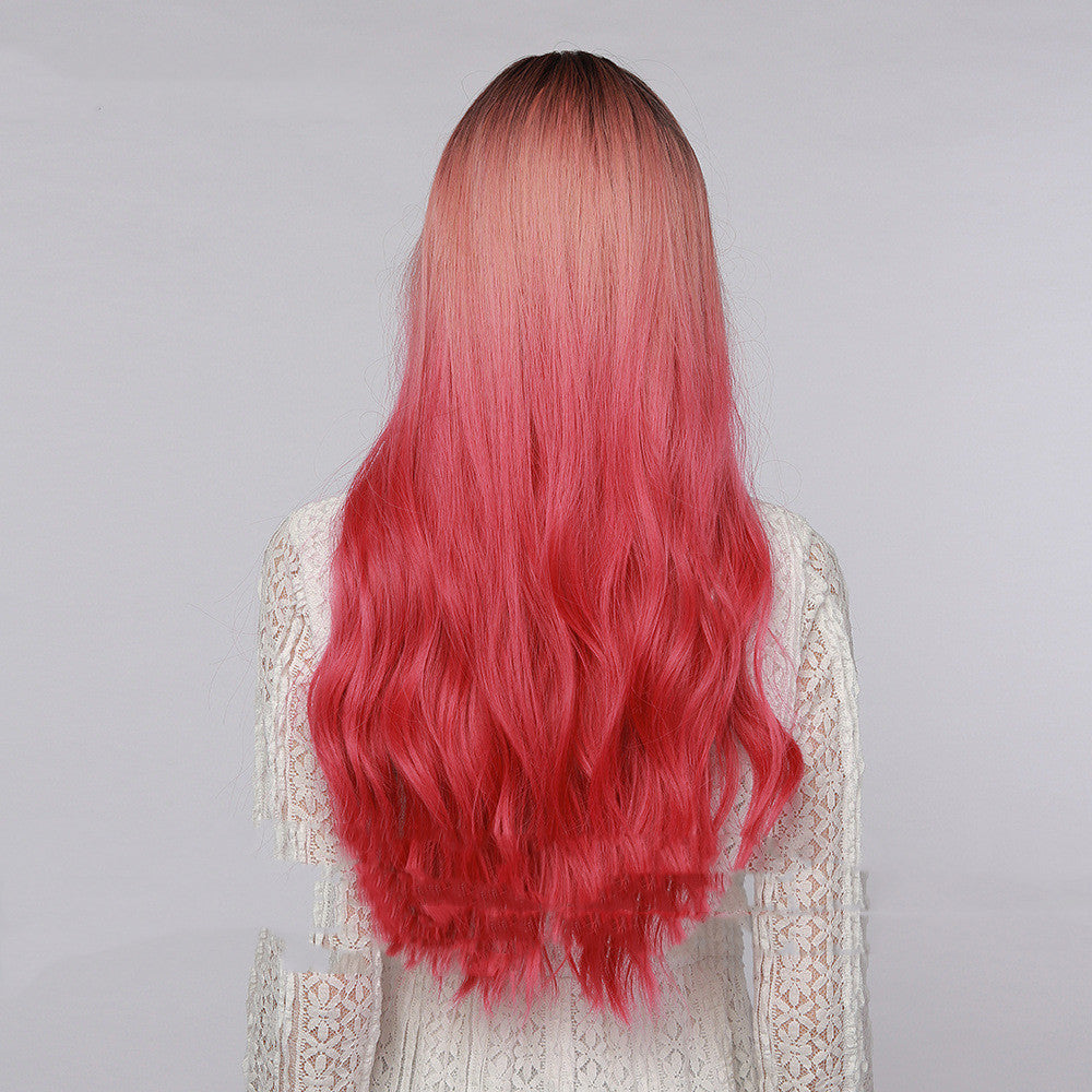 Synthetic Low Wave Long Wig With Straight Bangs Rose Gold to Rose Red Gradient