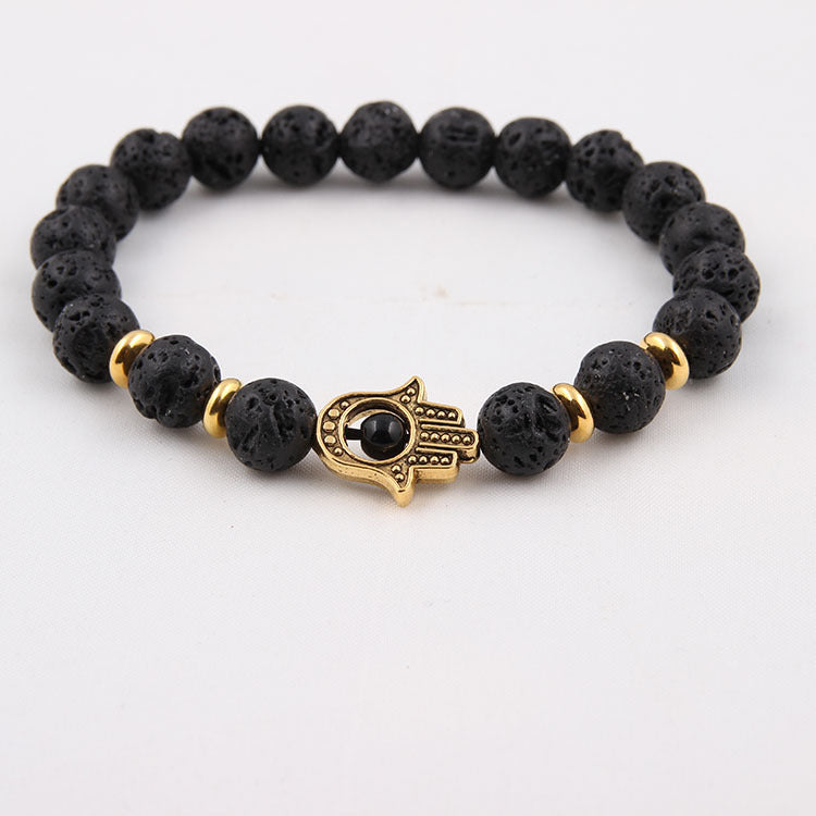 8mm Black Lava Energy Stone Bead Bracelet Gold Bracelet