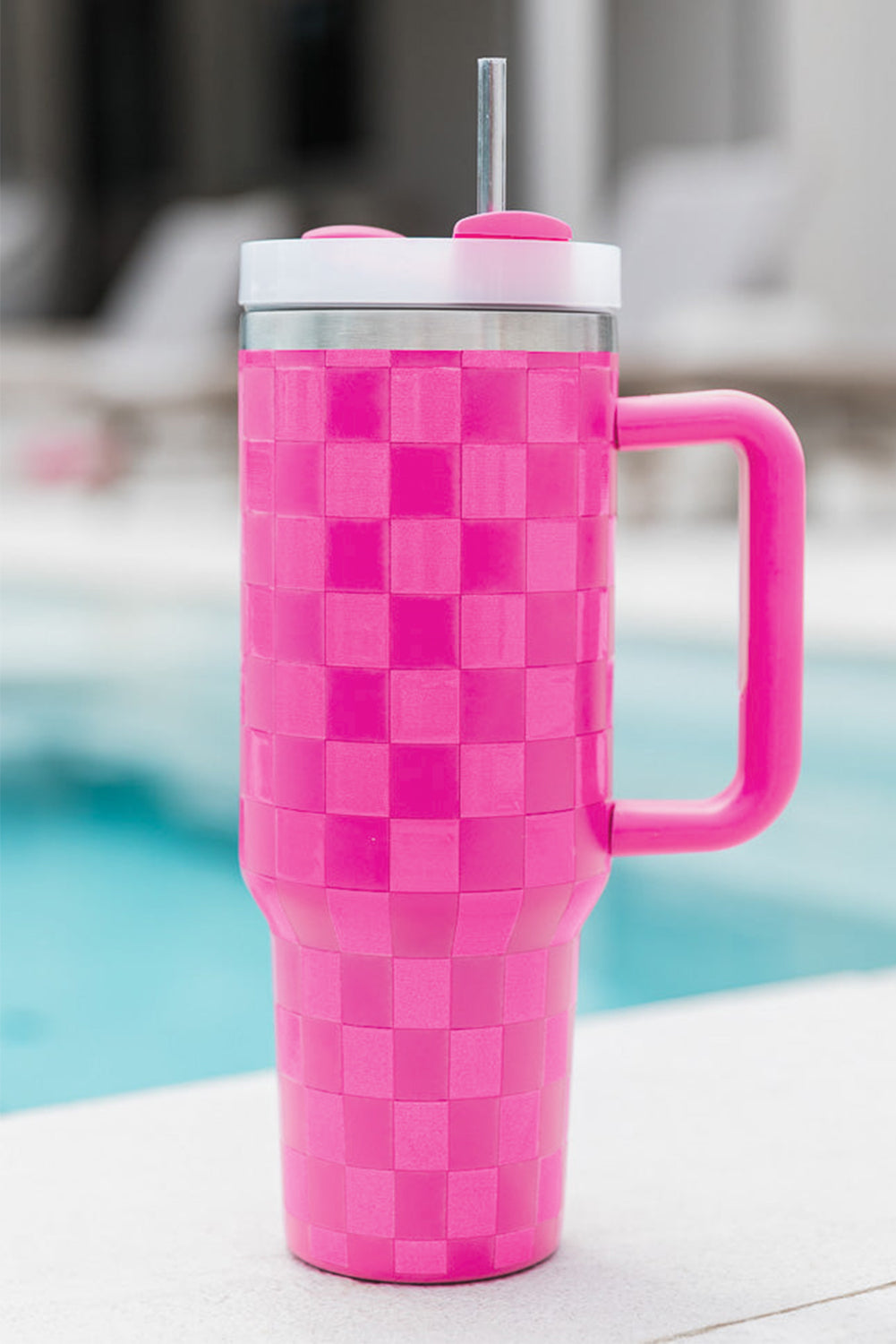 Black Pink Checkered Print Handled Stainless Steel Tumbler Cup