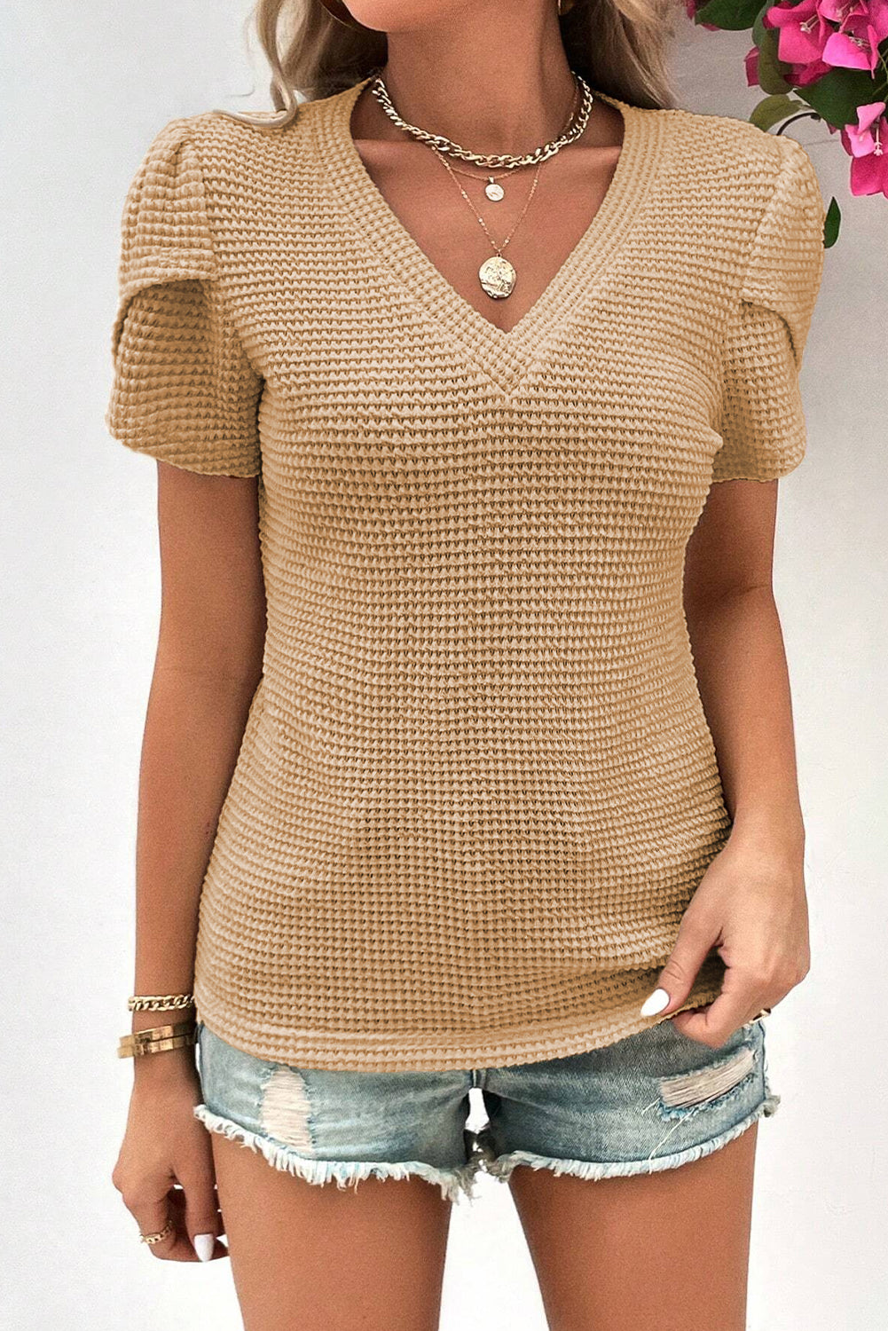 Mist Green V Neck Petal Sleeve Waffle Knit T-Shirt