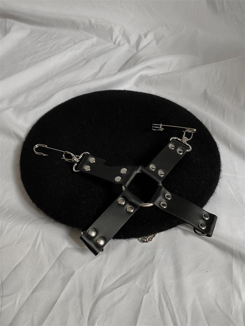 Punk Goth Pu Cross Pin Chain Painter Hat