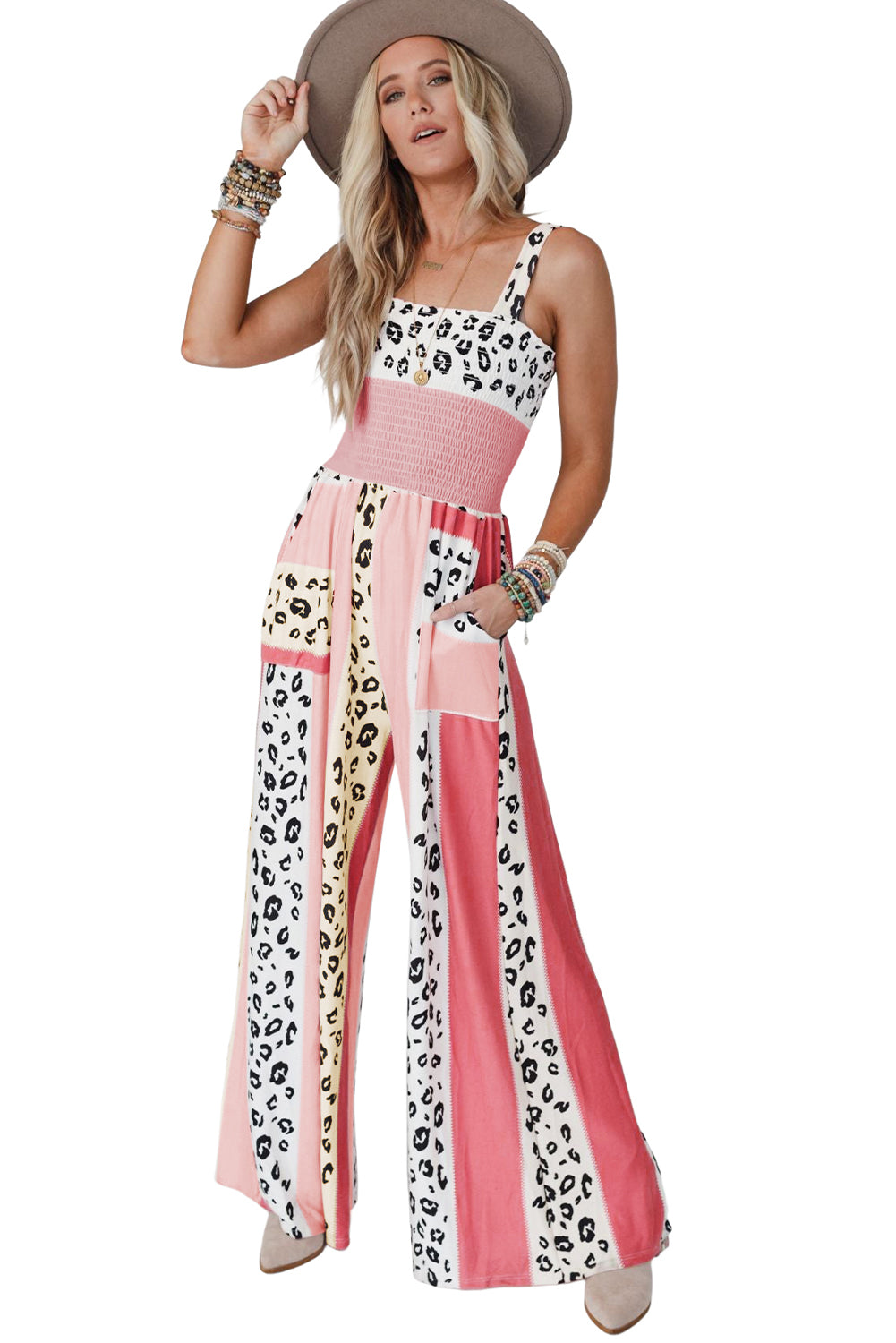 Pink Leopard Color Block Patchwork Strap Jumpsuit