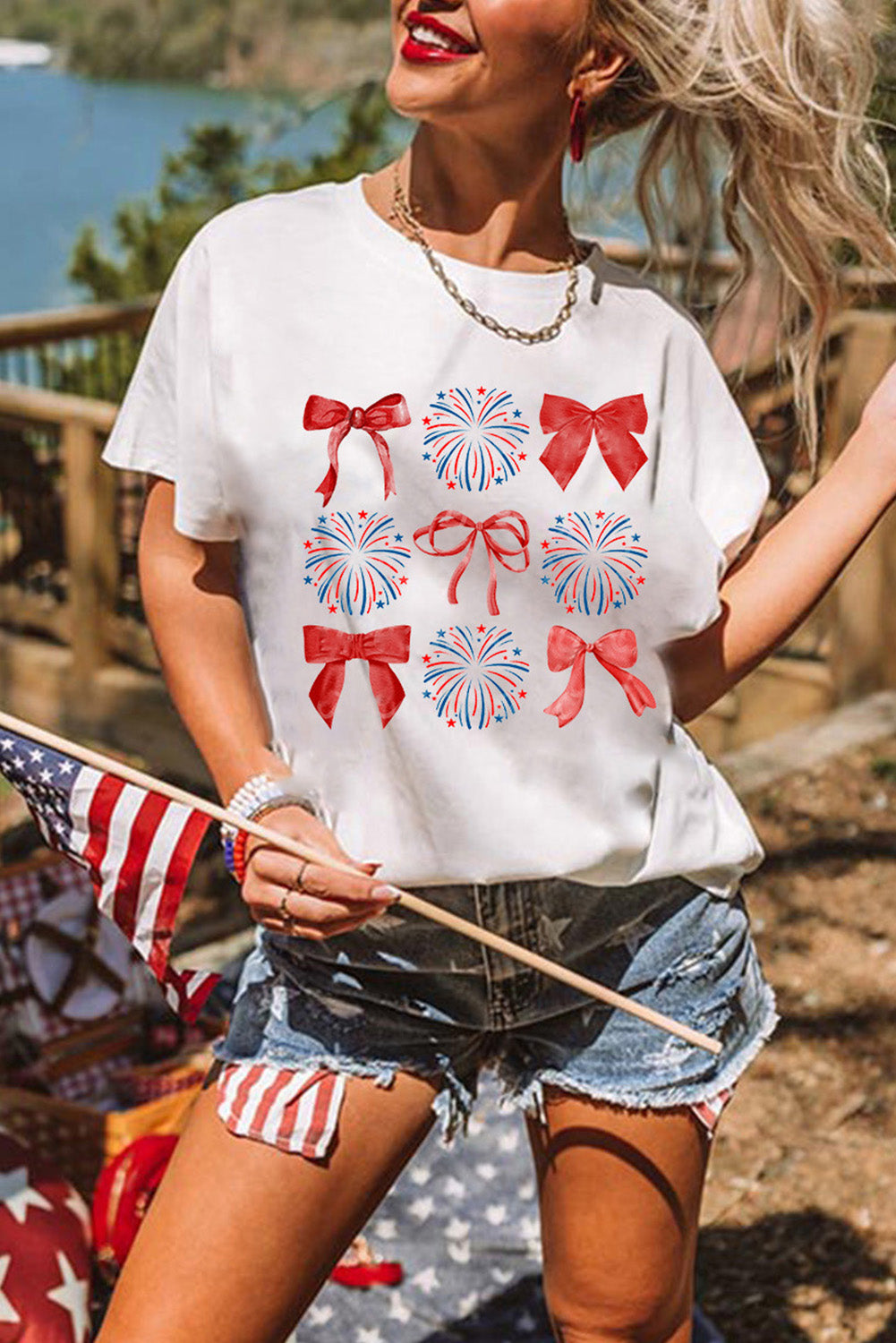 White July 4th Bowknot Firework Short Sleeved Graphic Tee Shirt