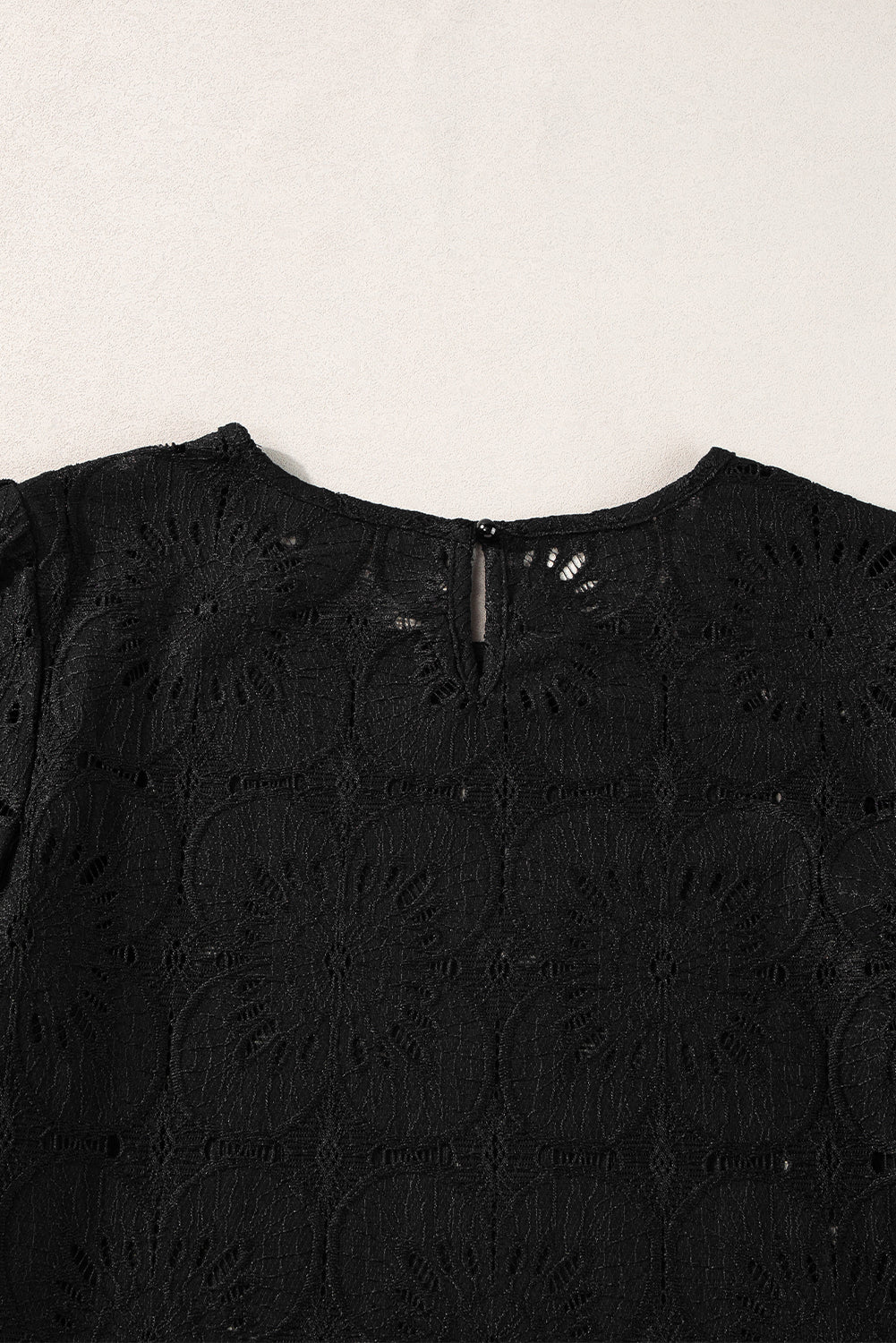 Black Flower Eyelet Jacquard Keyhole Flounce Sleeve Top