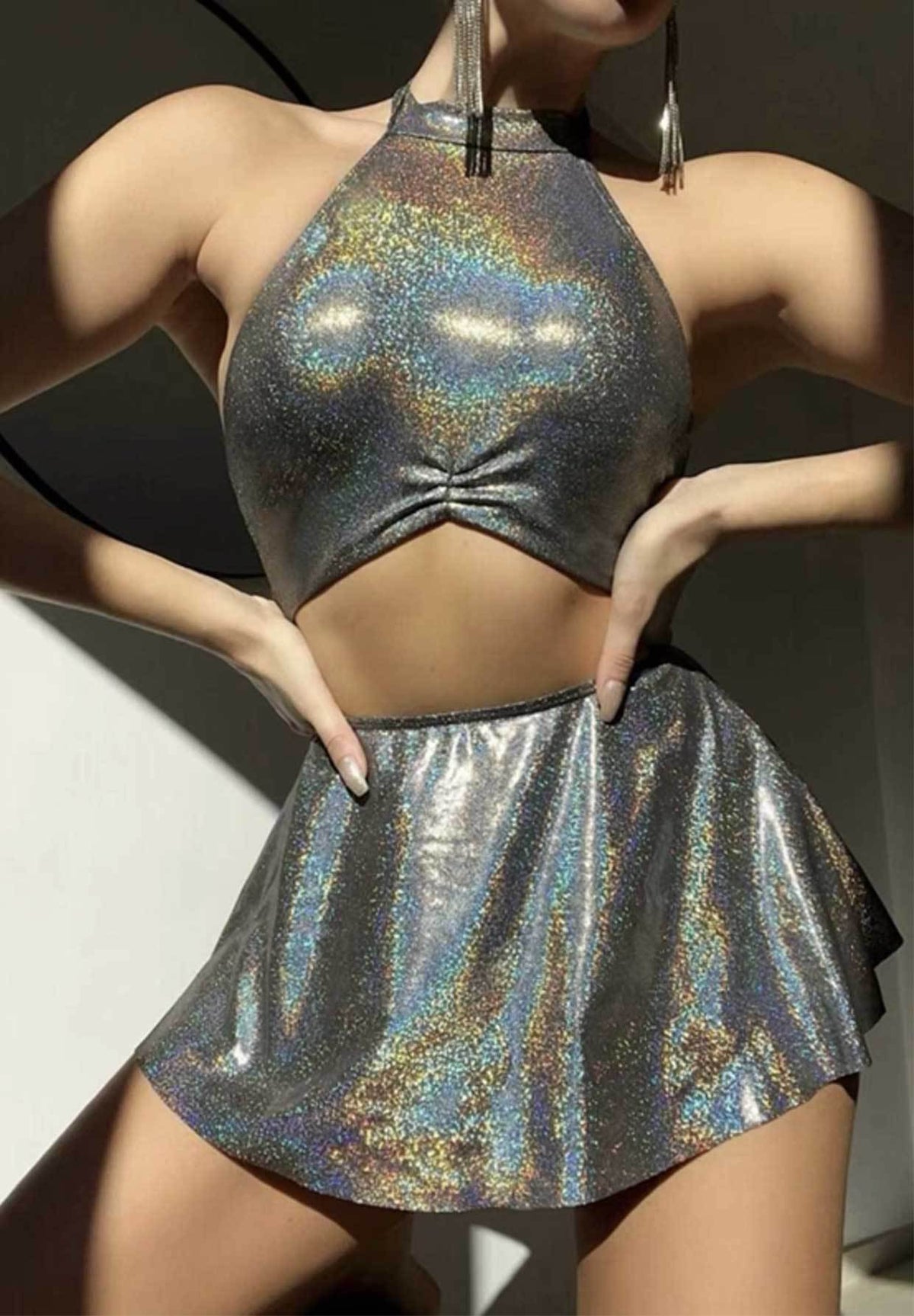 Women's Laser Metallic Sexy Crop Top And A Line Mini Skirt Outfit Set Festival Fashion