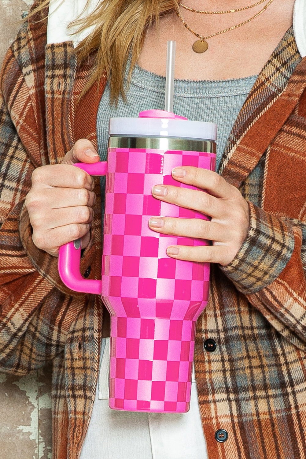 Black Pink Checkered Print Handled Stainless Steel Tumbler Cup