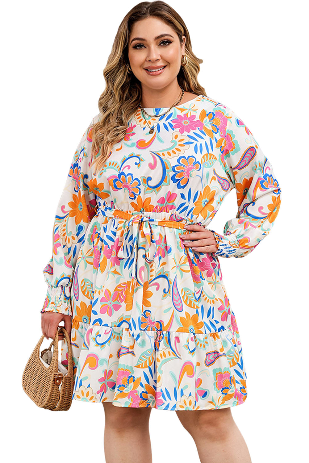 Orange Paisley Floral Print Belted Plus Size Dress