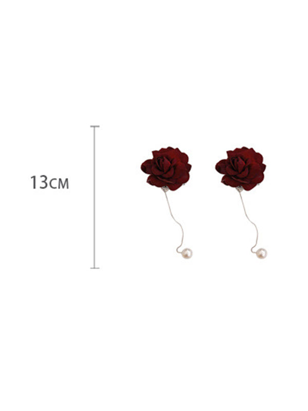 Vintage Elegance Red Rose Floral Pearl Drop Earrings