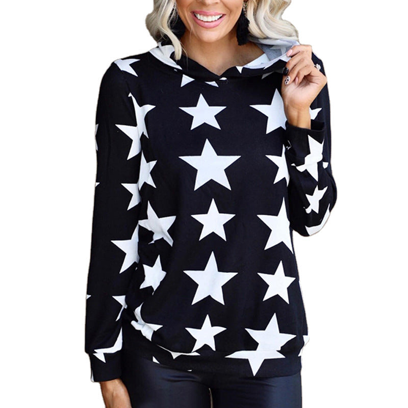 Hooded Long Sleeve Loose Sweatshirt with Star Pattern