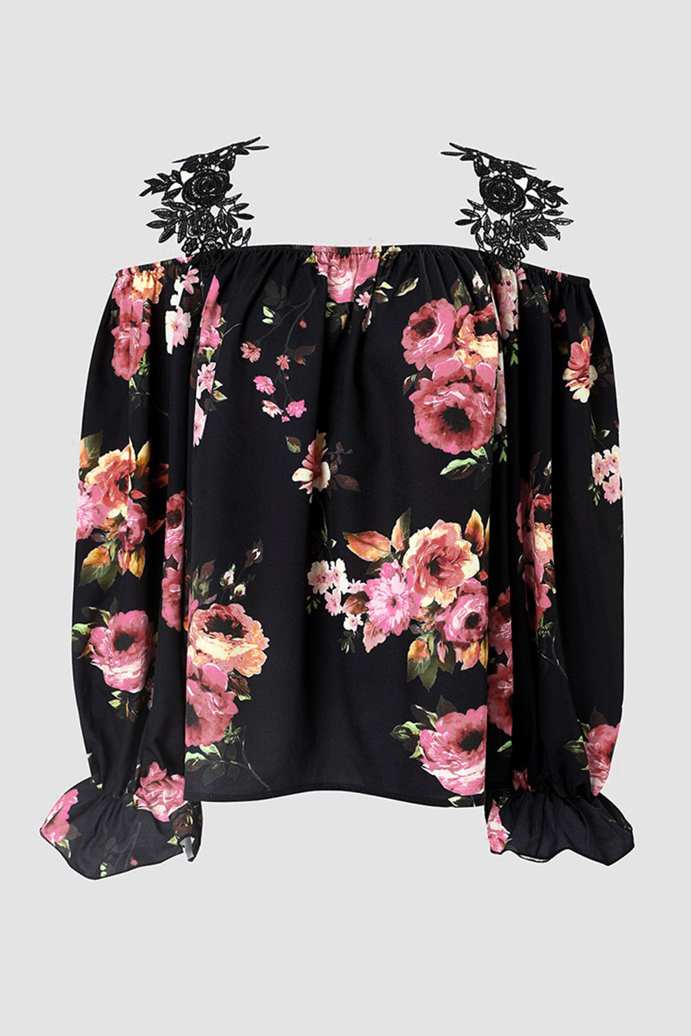 Black Floral Print Lace Patchwork Loose Off Shoulder Blouse