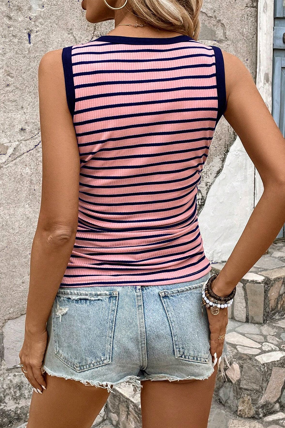 Pink And Black Striped Contrast Round Neck Tank