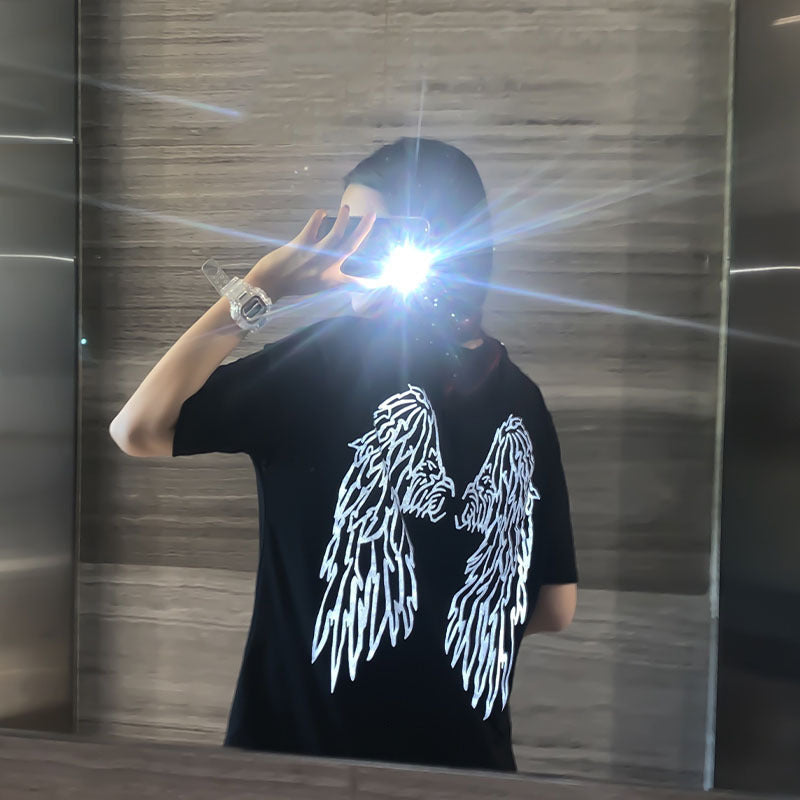 Dark Reflective Angel Wing Short Sleeved Oversized Graphic Printed Tee Shirt