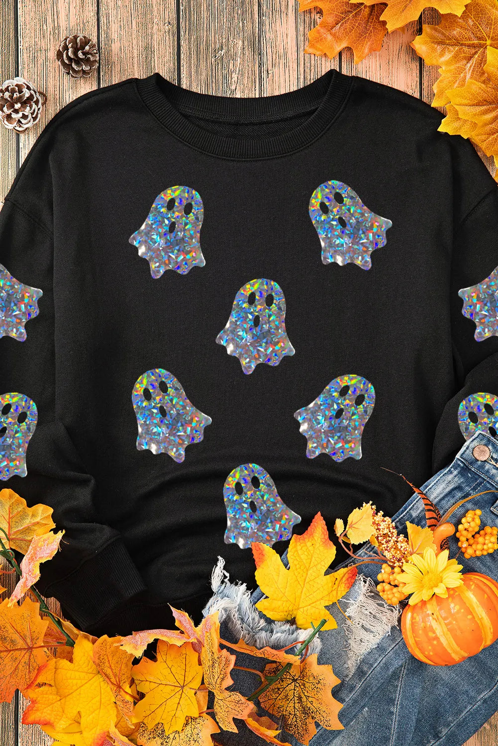 Holographic Ghost Round Neck Long Sleeve Sweatshirt