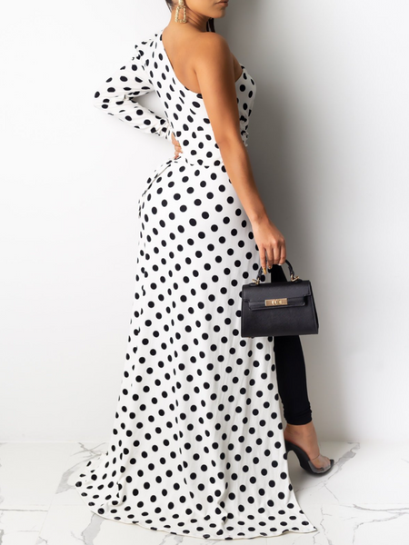 Slant-Shoulders Polka-Dot Long Top H9ZVV56MFK