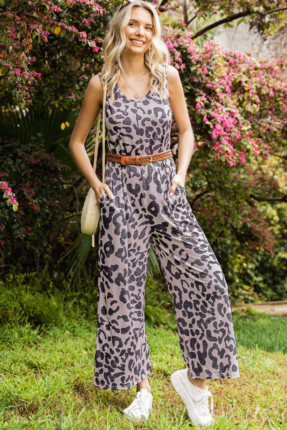 Leopard Print Pockets Sleeveless Wide Leg Jumpsuit