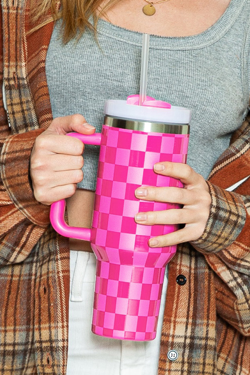 Black Pink Checkered Print Handled Stainless Steel Tumbler Cup