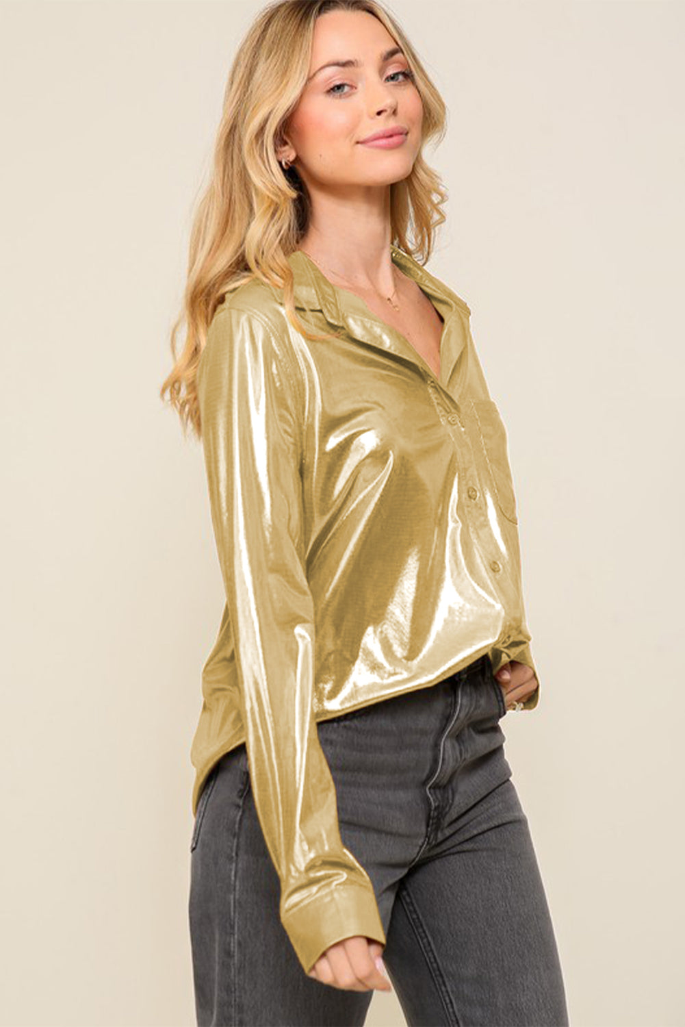 Gold Shiny Metallic Button Up Shirt