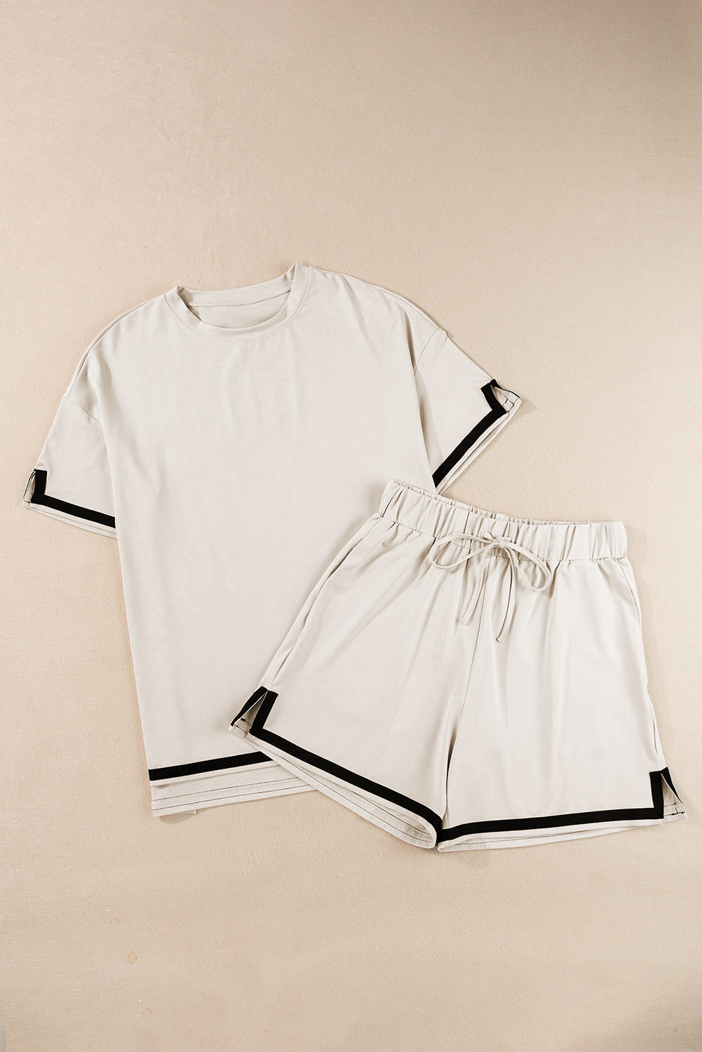 Black Contrast Trim Tee and Drawstring Shorts Set