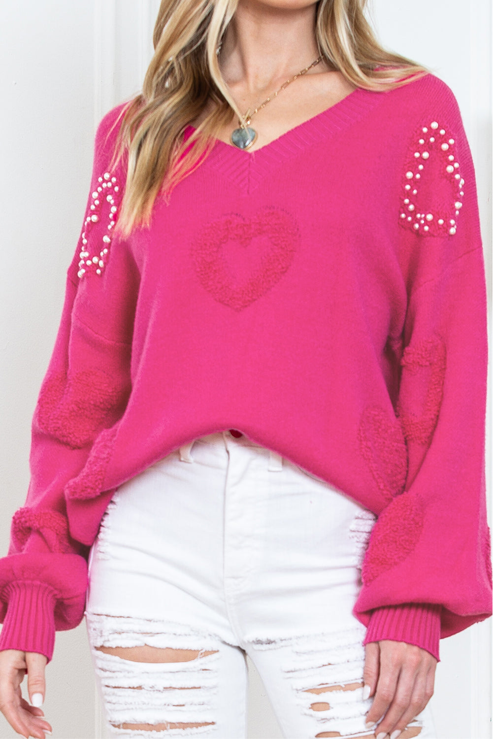 Rosy Heart Pattern Pearl Detail Drop Sleeve Knit Sweater