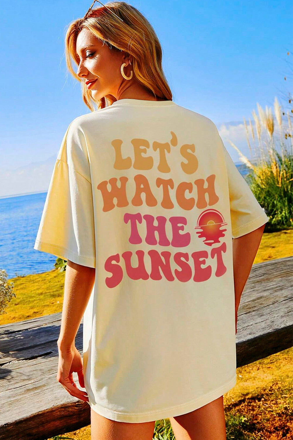 Yellow Cream Back LET'S WATCH THE SUNSET Print Half Sleeve Tee