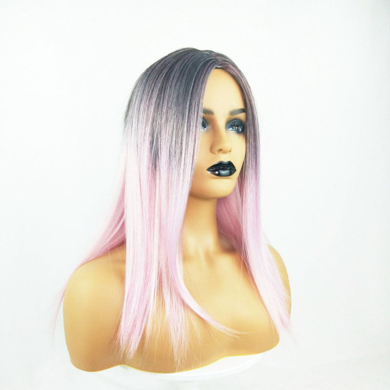 Long Straight Black Gradient LightPink Wig Headgear