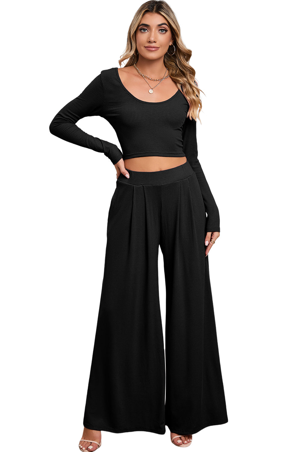 Gray Plain Ribbed Crop Top & Wide Leg Pants Two Piece Pants Set