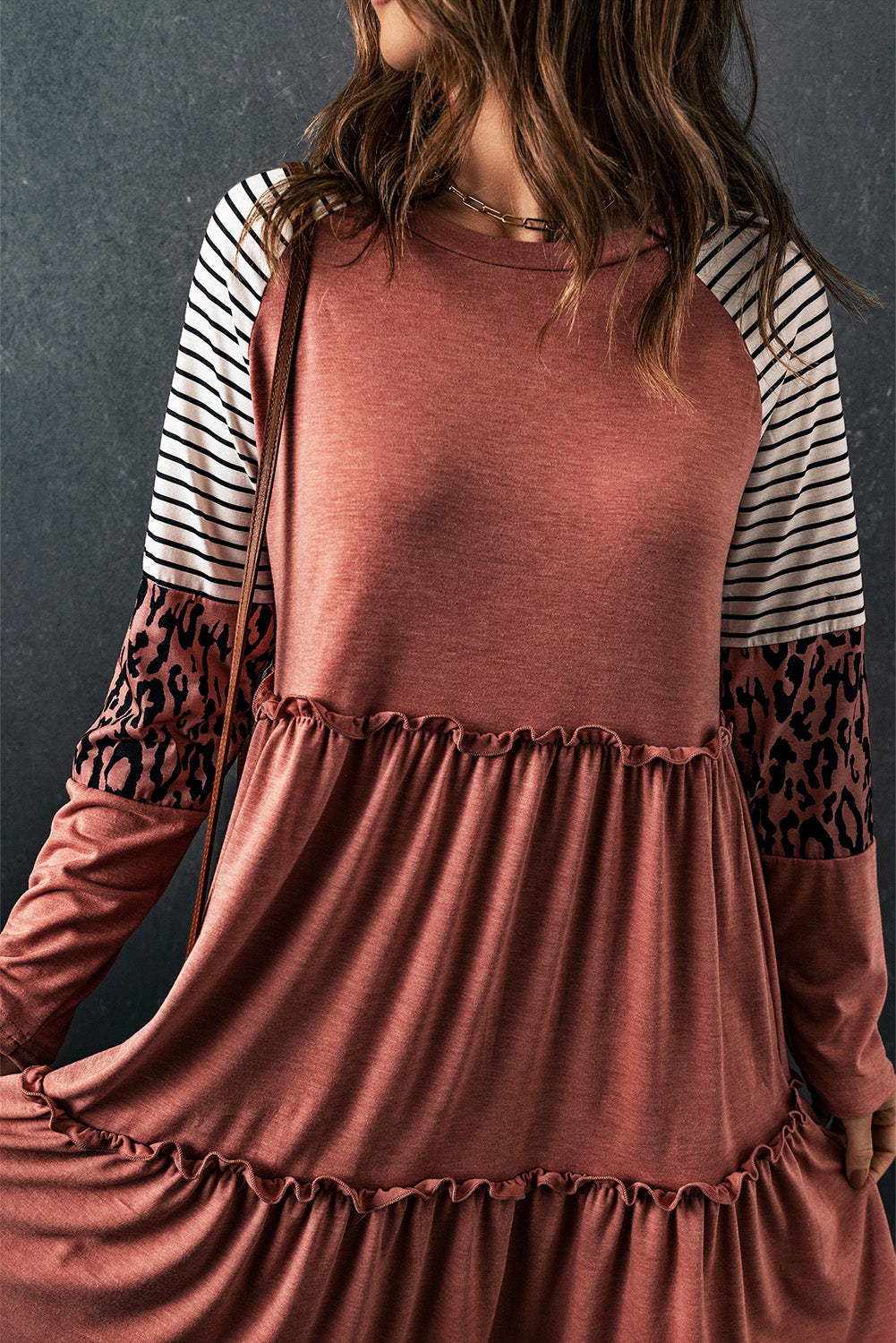 Multicolor Striped Leopard Raglan Sleeve Textured Dress