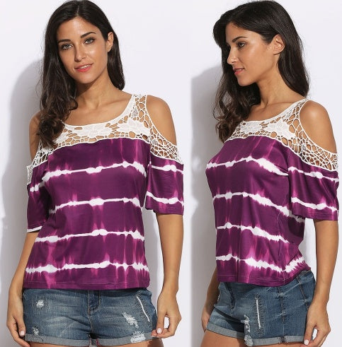 Funky Tie Dye All Over Print Cold Shoulder Lacy Flirty Comfy Blouse