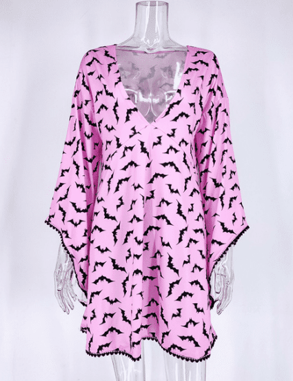 Yangelo Fairy Grunge Deep V Neck Pastel Goth Bat Print Dress