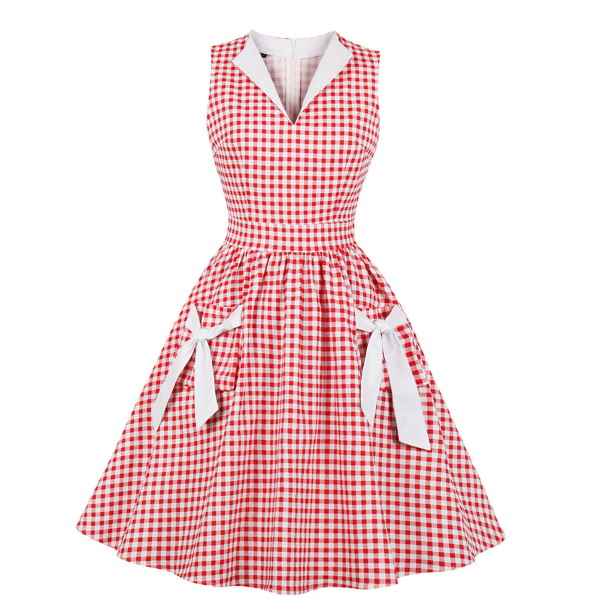 Checkered Printed Pleated A Line Bow Pocket Sleeveless Swing Dress