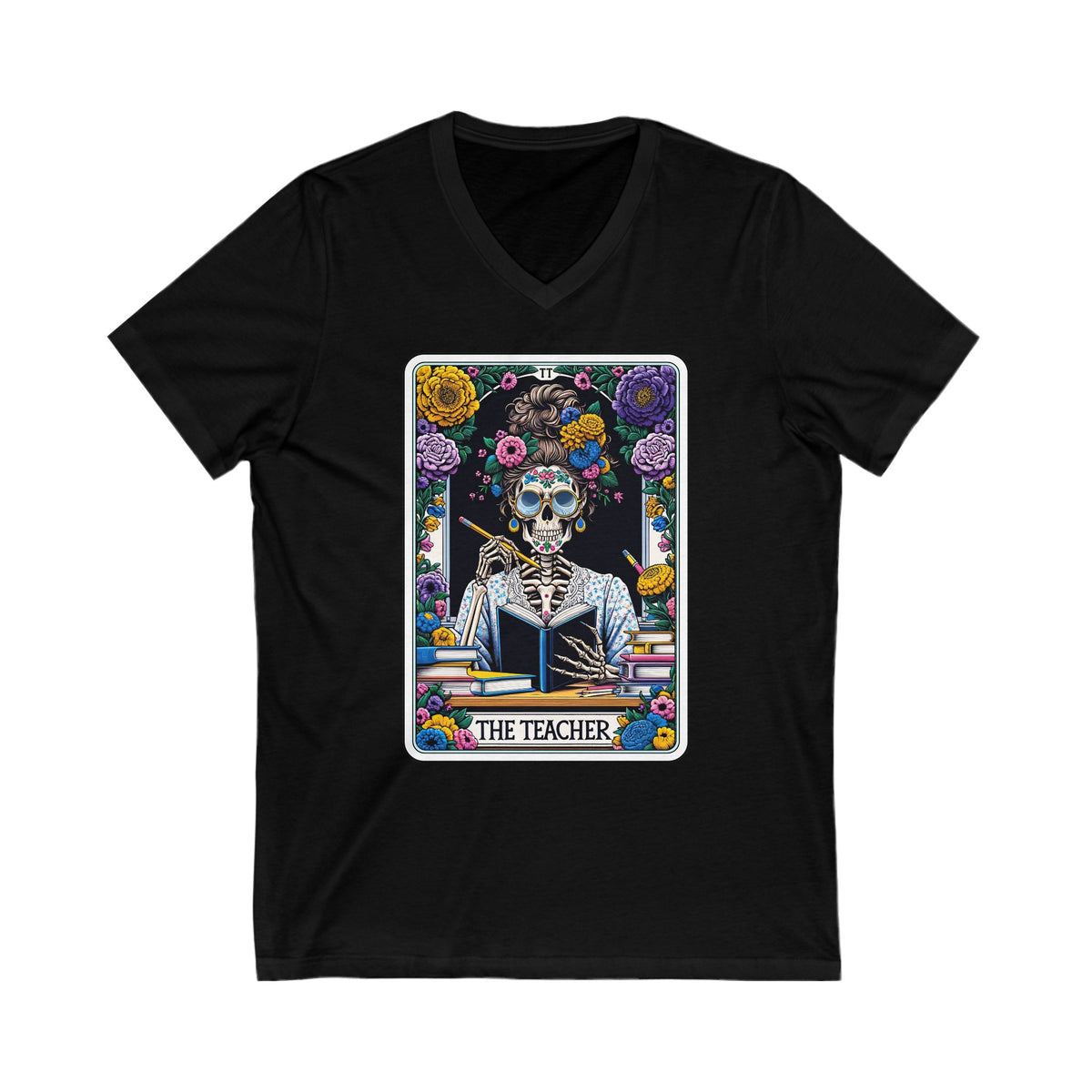 The Teacher Funny Skeleton Tarot Card Unisex Jersey Short Sleeve V-Neck Tee