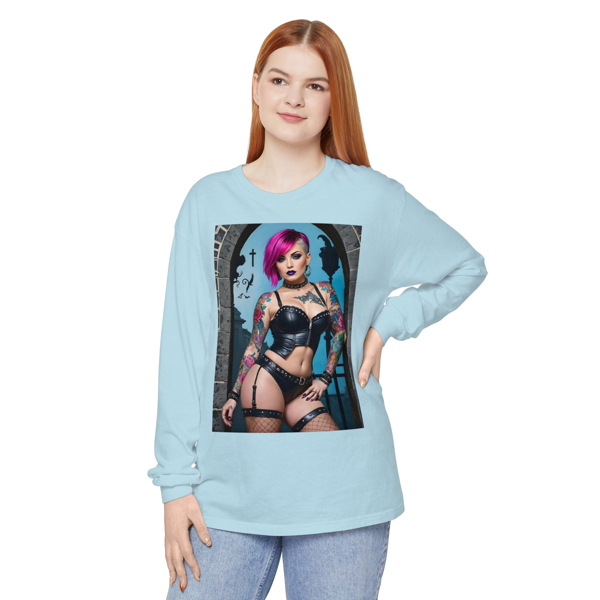 Goth Graveyard Girl Series - Design Six - Unisex Garment-dyed Long Sleeve T-Shirt