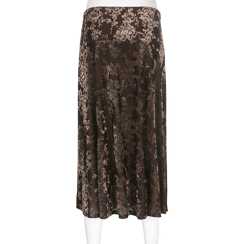 Vintage Dark Velvet Retro Printed Slim Ankle Length Skirt