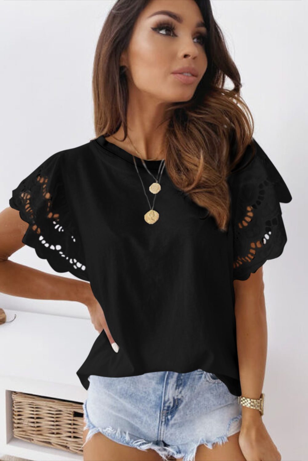 White Eyelet Butterfly Sleeve Business Casual Top