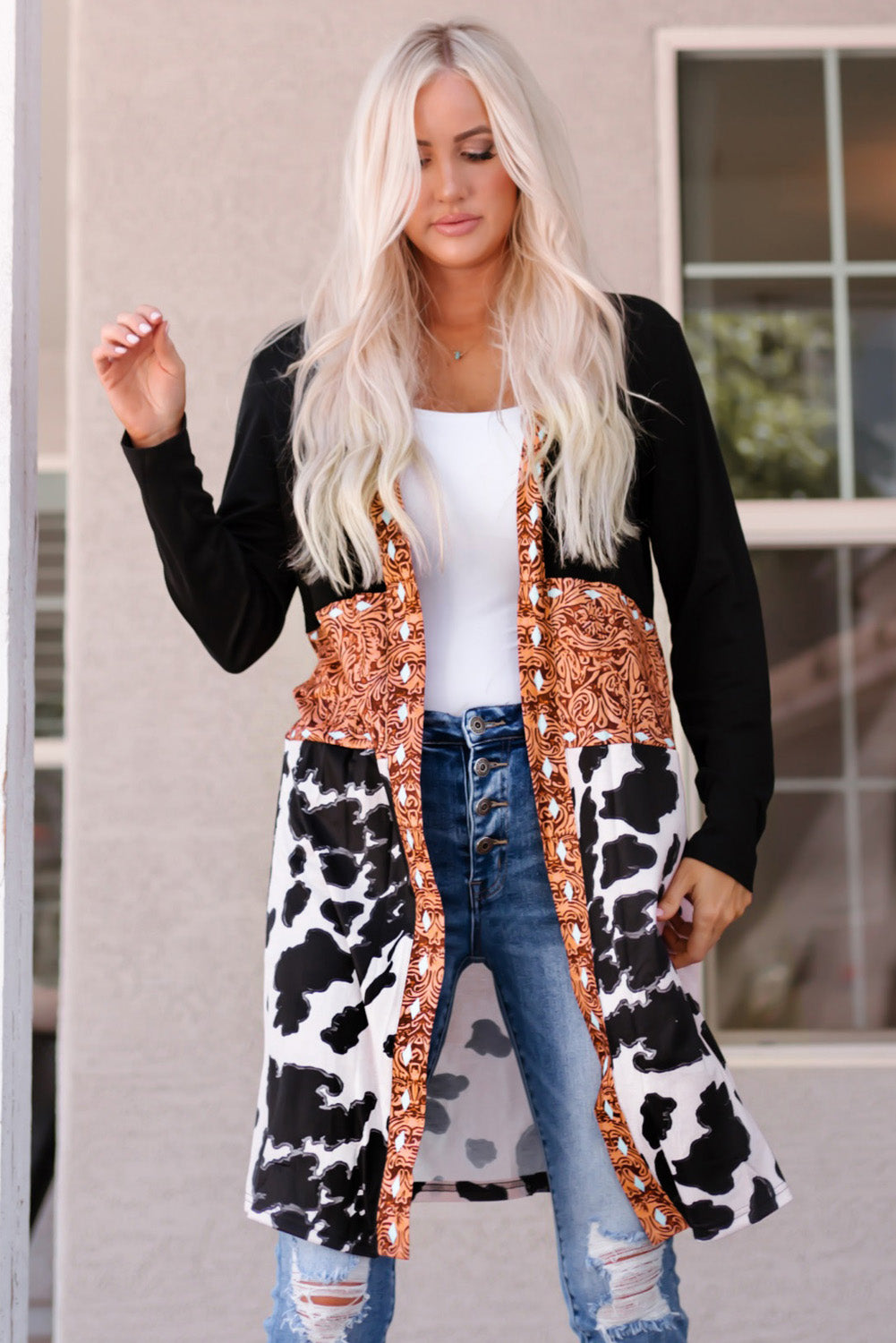 Pink Western Pattern Cow Patchwork Open Front Cardigan