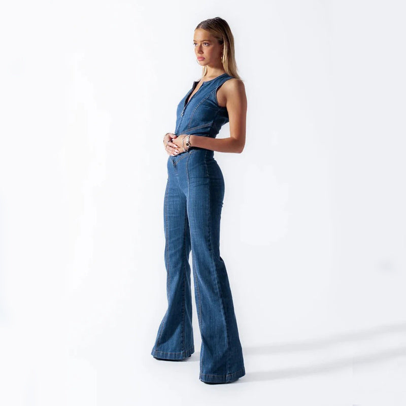 Summer Slim Heart-Shape Cutout Backless Denim Halter Neck Zip Up High Waist Panst Retro Style Jumpsuit