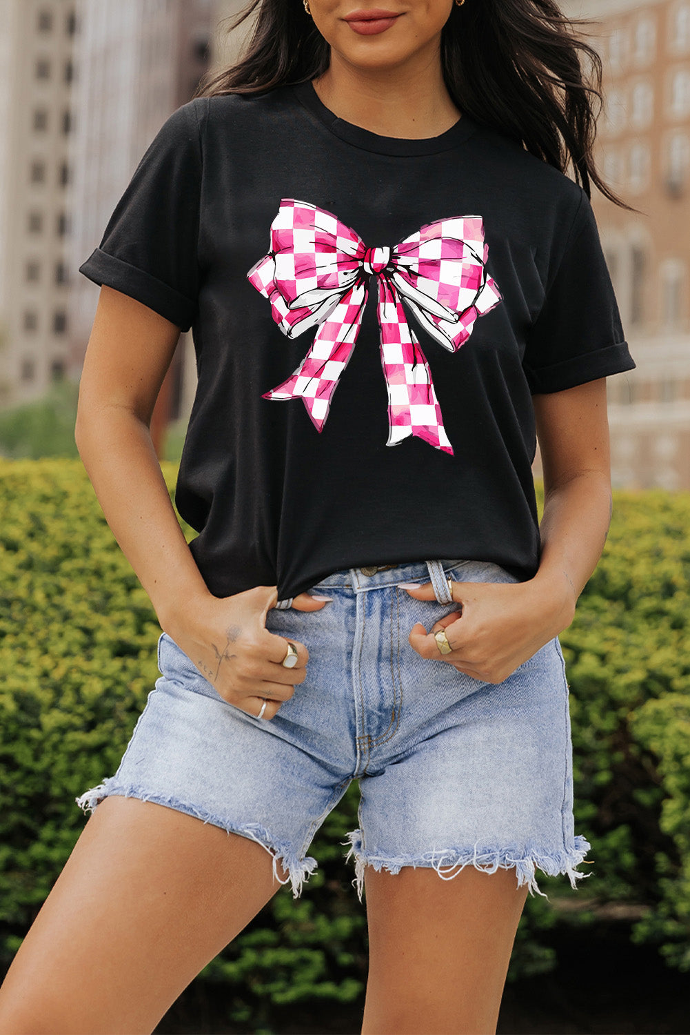 Pink Checkered Bow Graphic Print Round Neck Short Sleeve T-Shirt