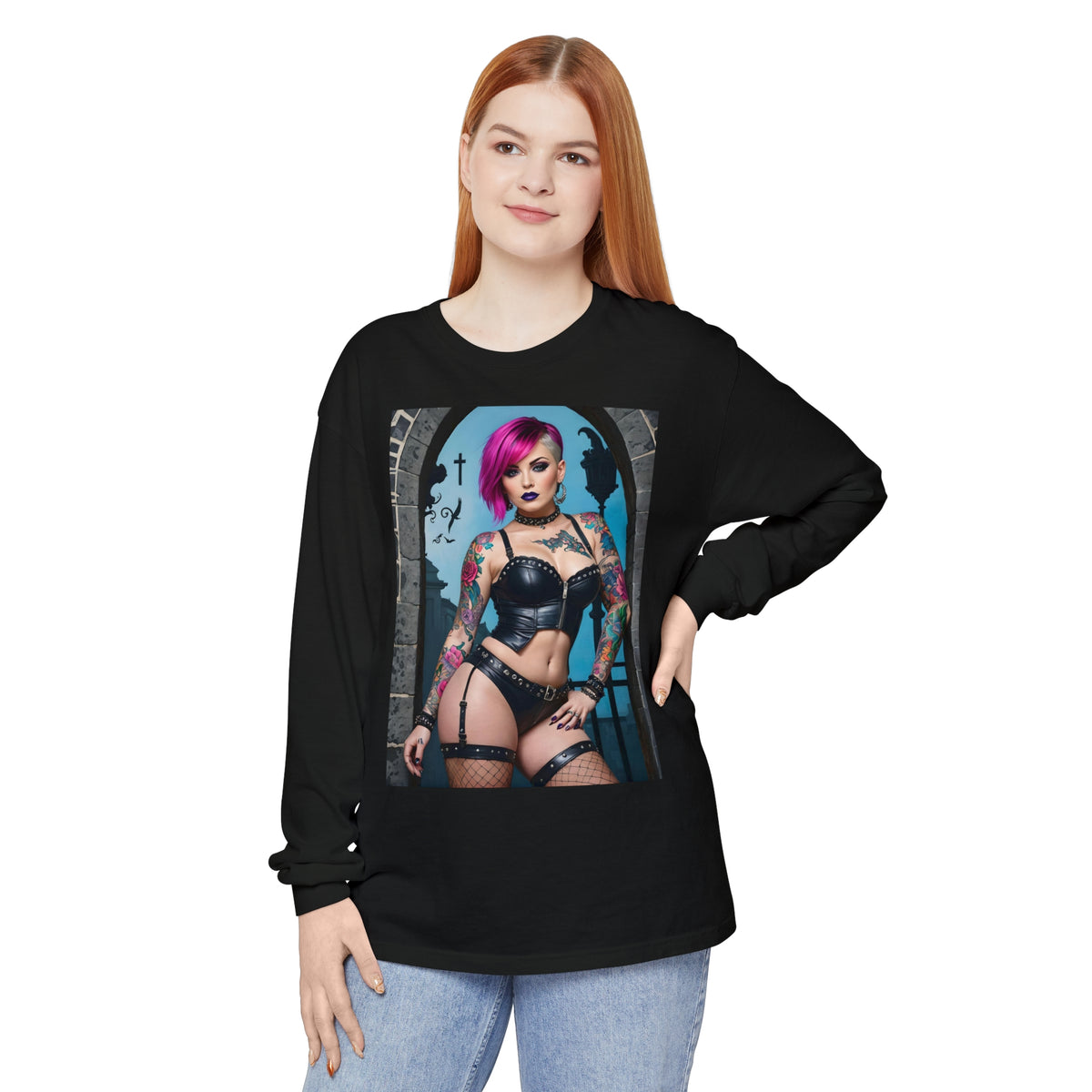 Goth Graveyard Girl Series - Design Six - Unisex Garment-dyed Long Sleeve T-Shirt