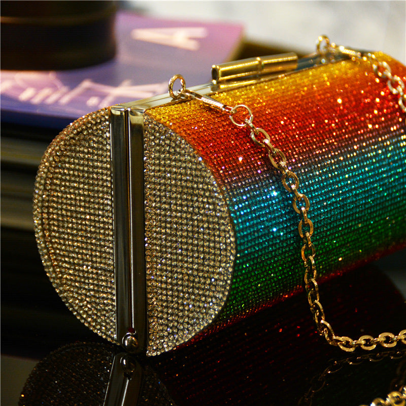 Rainbow Gradient Luxury Rhinestone Bling Party Clutch Evening Bag With Shoulder Chain