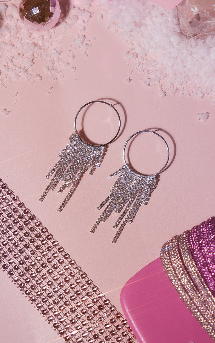 Silver Diamante Tassel Hoop Statement Earrings