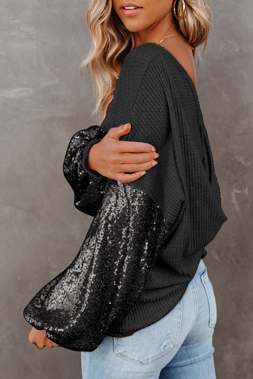 Black Cross Backless Sequin Bishop Sleeve Top